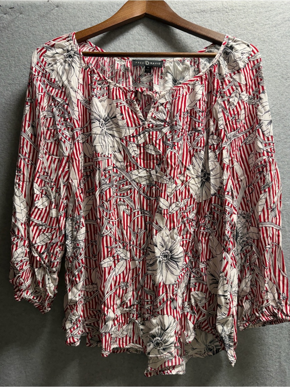 Fred David Red and White Striped Floral Peasant Blouse